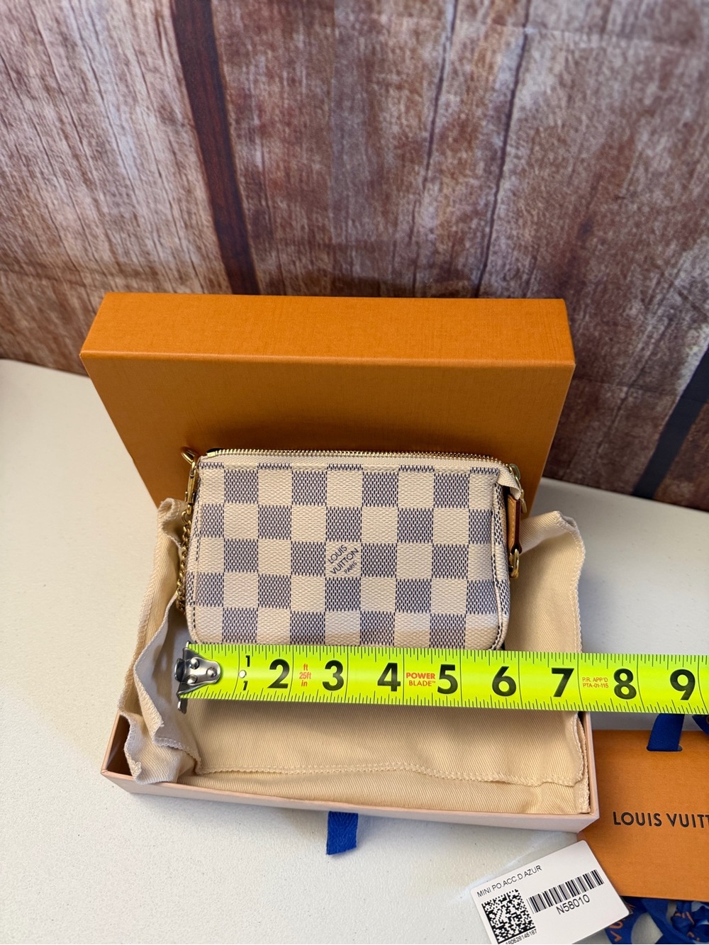 Louis Vuitton Damier Azur Mini Pochette - White/Beige with Gold Chain - Picture 10 of 12